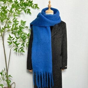 Blue Tassel Scarf , Soft Winter Scarf, Classic Solid Color Scarf, Holiday Gift